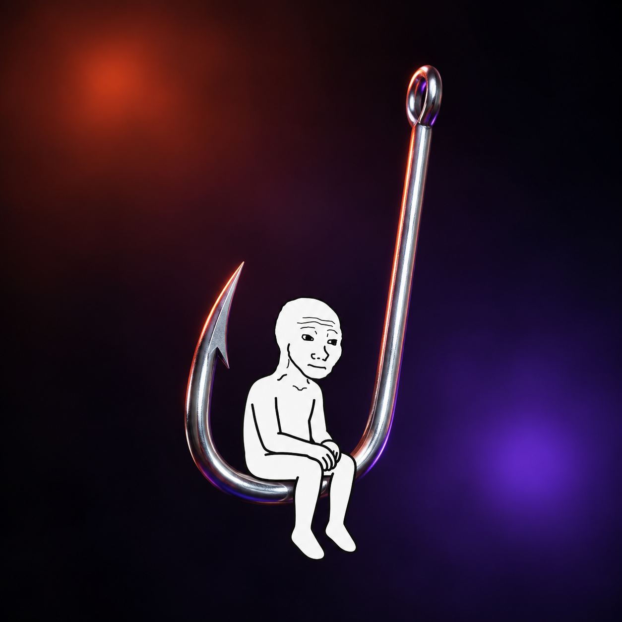 Sad Wojak sitting on a silver fishing hook, in orange and violet light
